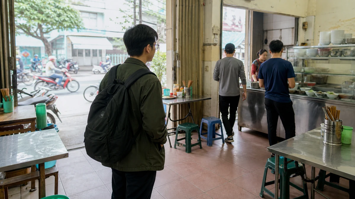 Bên trong một quán ăn bình dân, một người đeo ba lô đứng gần cửa nhìn về phía quầy, phía trước có hai khách đang gọi món