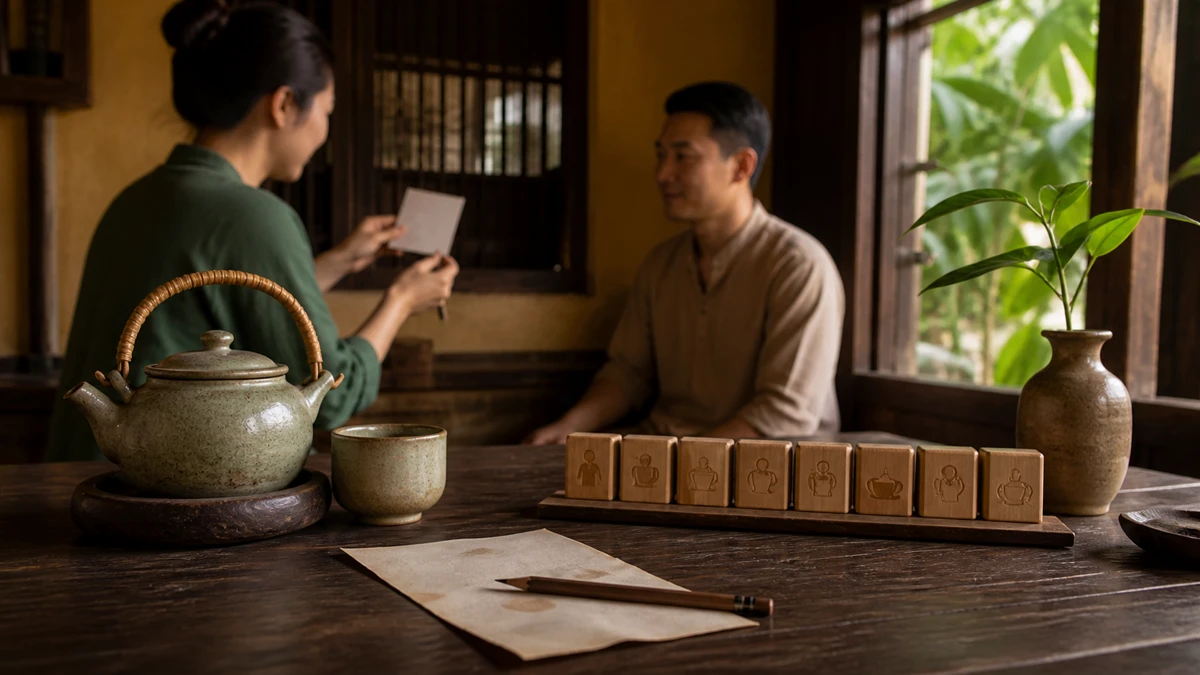Tái hiện bàn trà nhà cổ Hội An với ấm trà, giấy, bút chì và các thanh gỗ nhỏ dùng để giao tiếp.
