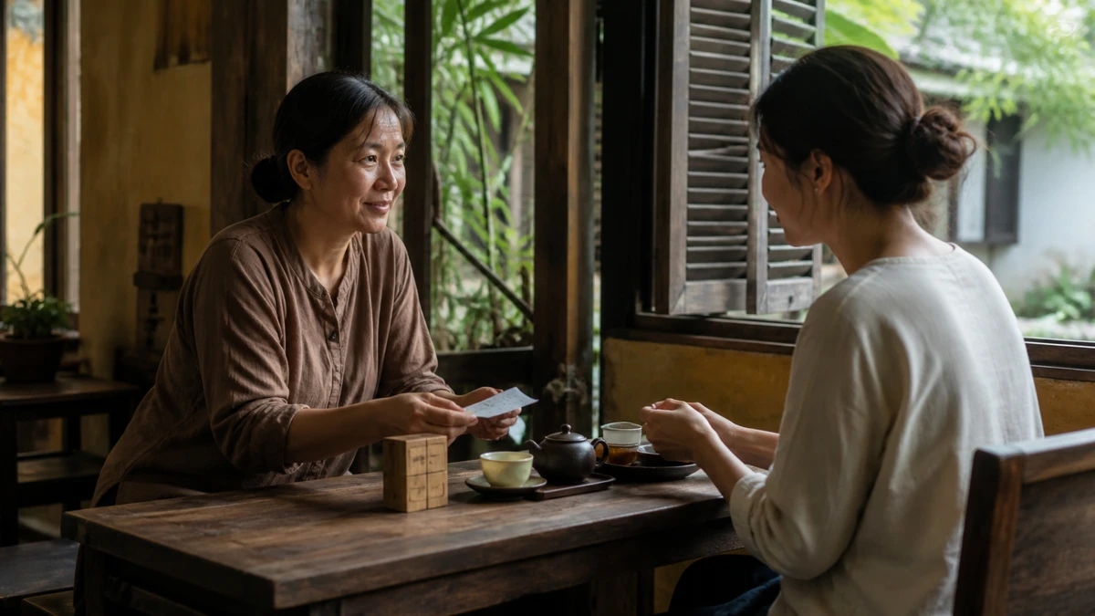 Nhân viên và khách giao tiếp bằng nét chữ, ánh mắt và nụ cười trong không gian nhà cổ