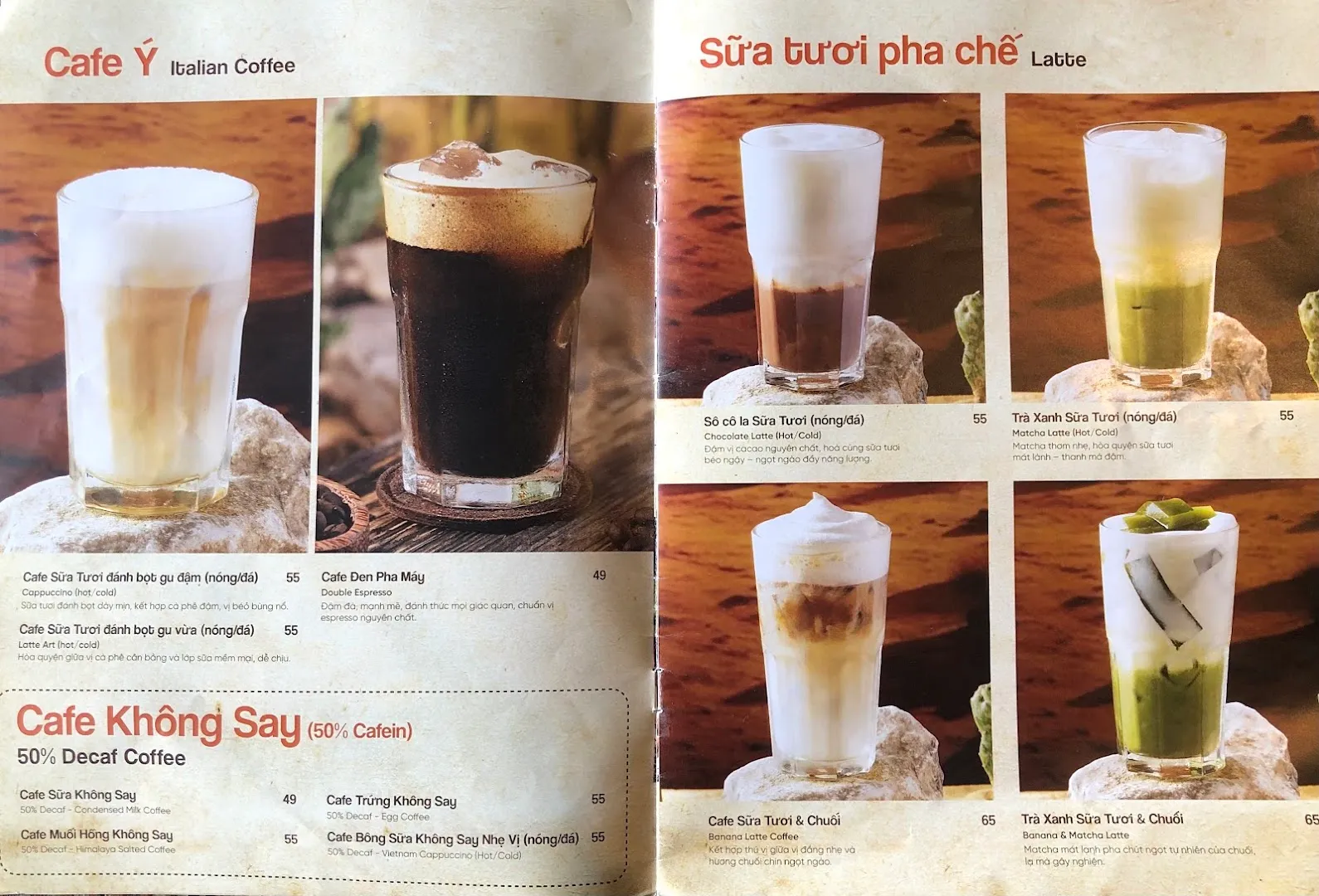 Trang menu cà phê và các thức uống sữa tươi pha chế kèm giá
