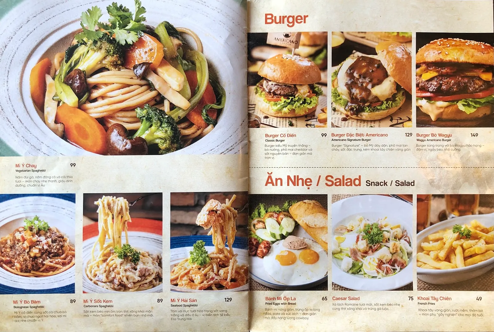 Trang thực đơn với các món burger, mì Ý, salad và khoai tây chiên kèm giá.