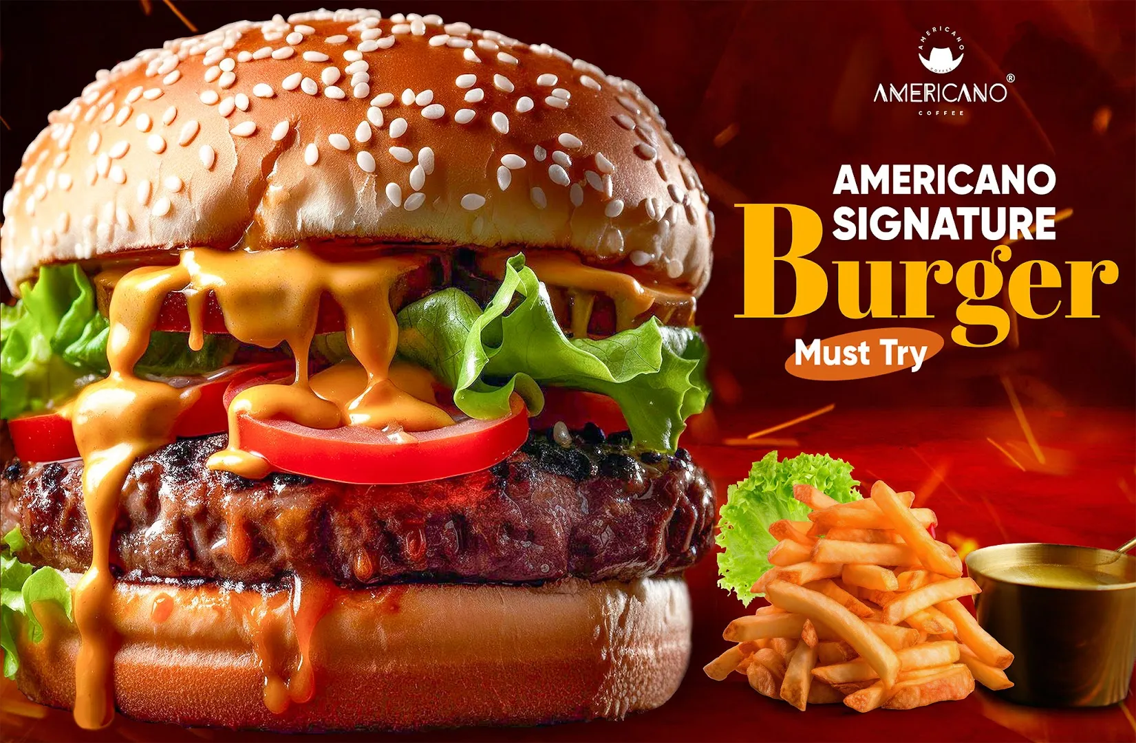 Burger đặc trưng Americano dùng kèm khoai tây chiên và đồ uống.