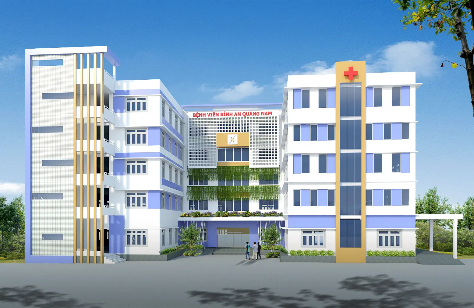Phối cảnh mặt tiền Bệnh viện Bình An Quảng Nam với lối vào và biểu tượng chữ thập đỏ.