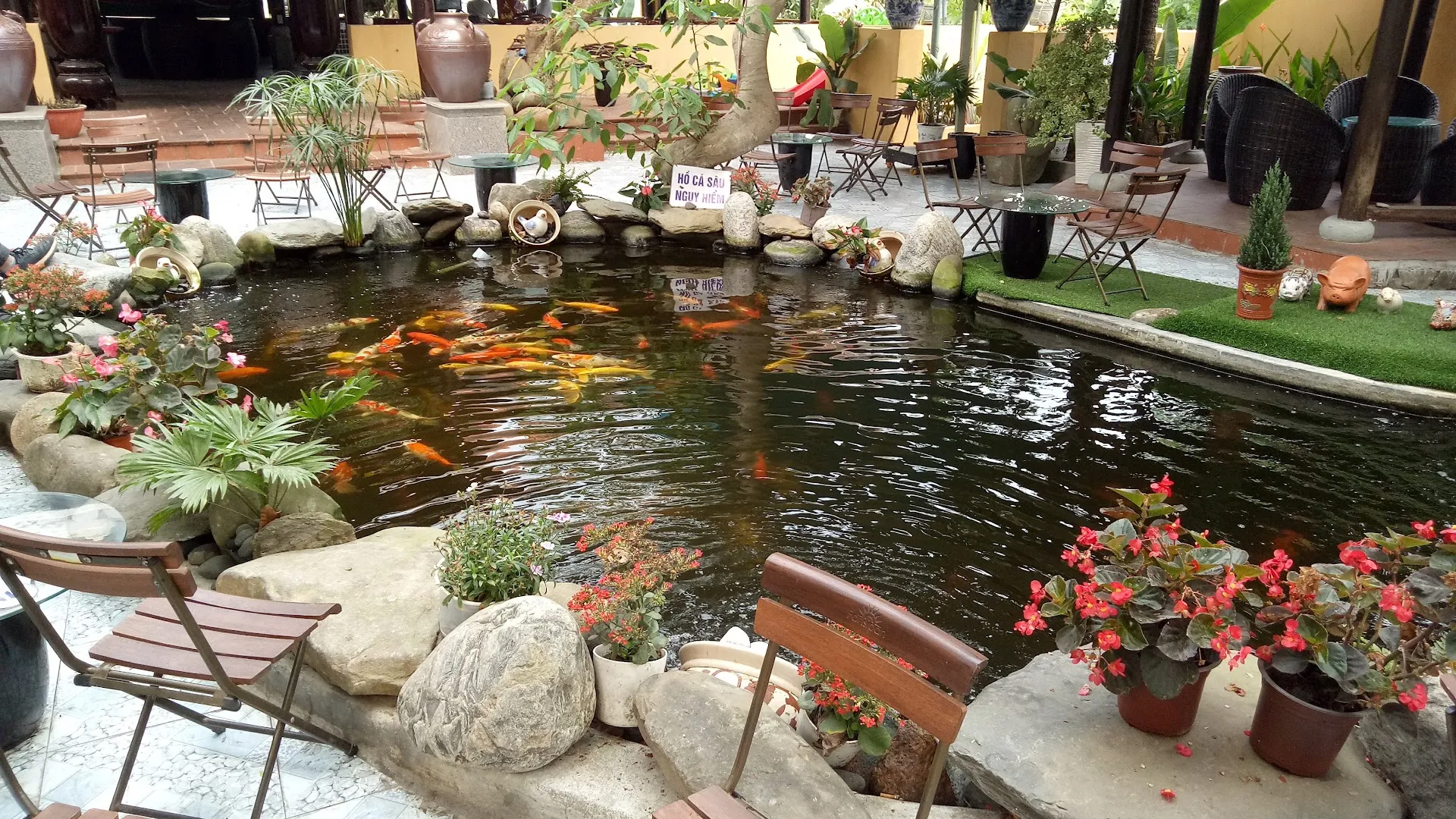 Không gian sân vườn với hồ cá koi, nhiều cây xanh và chỗ ngồi ngoài trời.