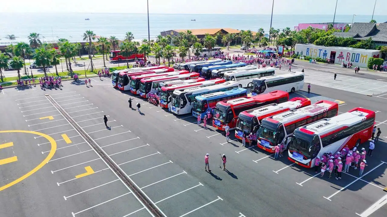 Nhiều xe buýt du lịch đỗ tại bãi xe ven biển.
