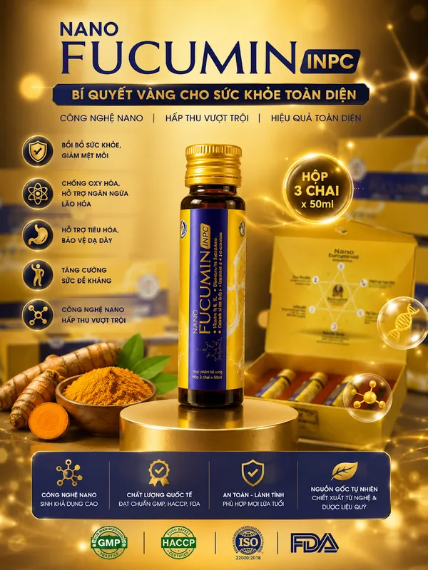 Hình ảnh sản phẩm Nano Fucumin INPC dạng chai, kèm hộp 3 chai 50 ml và thông tin nổi bật trên bao bì.