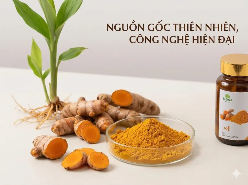 Sản phẩm bột nghệ cùng củ nghệ tươi và lọ viên nghệ Nano Biona.