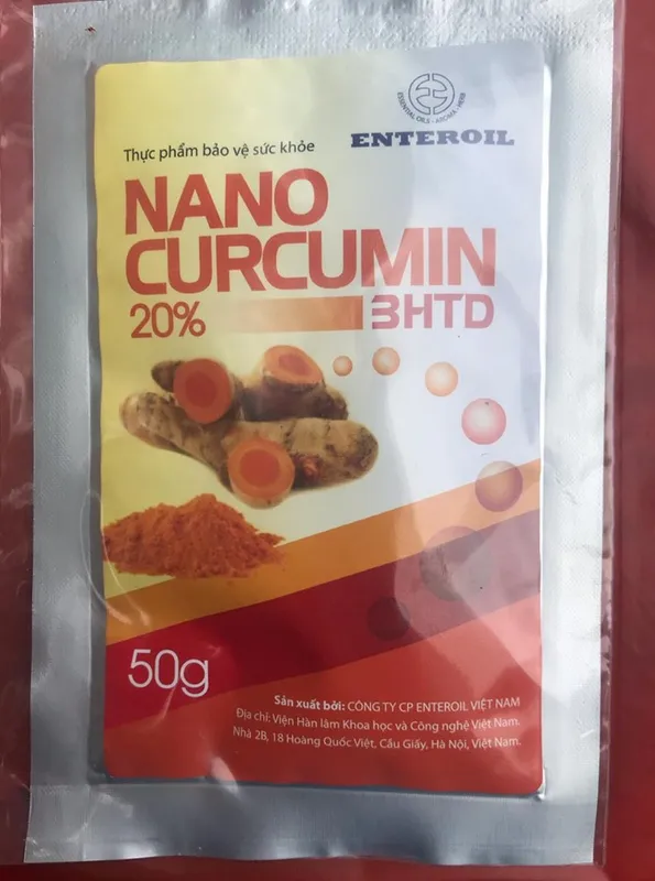 Bao bì sản phẩm thực phẩm bảo vệ sức khỏe Nano Curcumin 20% BHTD, khối lượng 50 g.