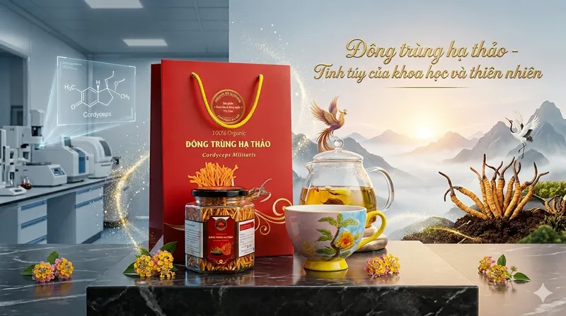 Hộp và lọ đông trùng hạ thảo cùng trà thảo dược được trưng bày trên bàn.