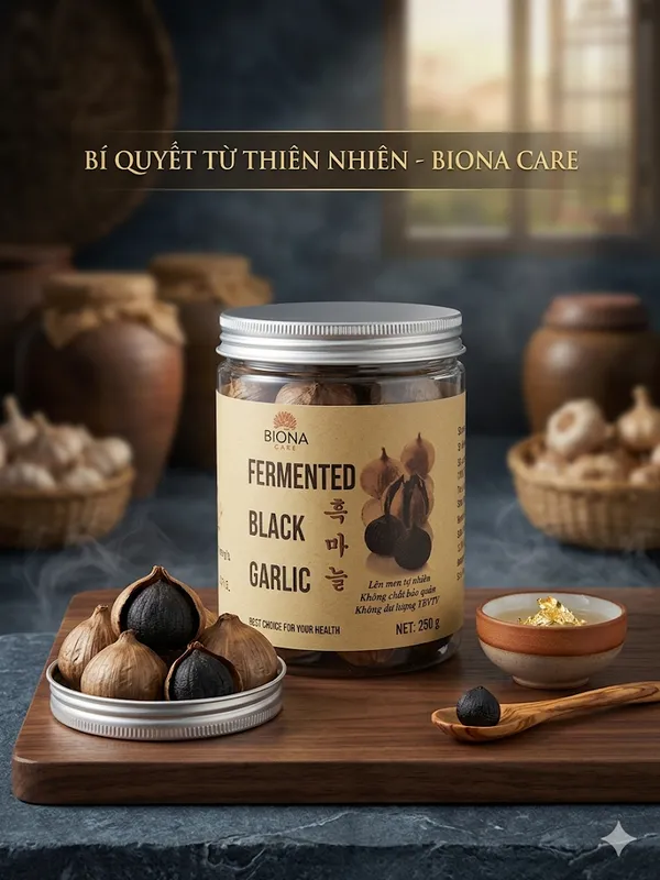 Sản phẩm tỏi đen lên men Biona Care được trưng bày cùng các củ tỏi đen.