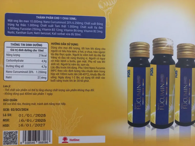 Các chai Nano Fucumin và thông tin thành phần, dinh dưỡng, hướng dẫn sử dụng trên bao bì.
