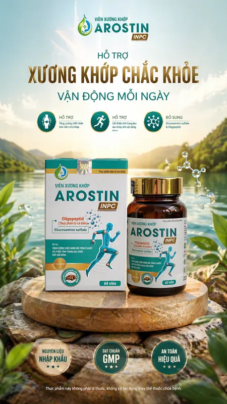 Hộp và lọ viên xương khớp Arostin INPC cùng thông tin hỗ trợ vận động trên bao bì.