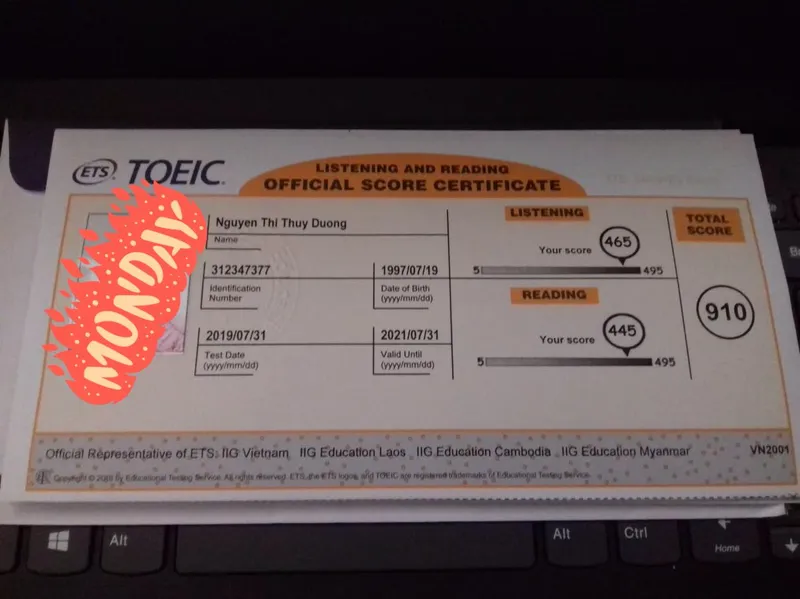 Chứng chỉ điểm TOEIC chính thức với tổng điểm 910.