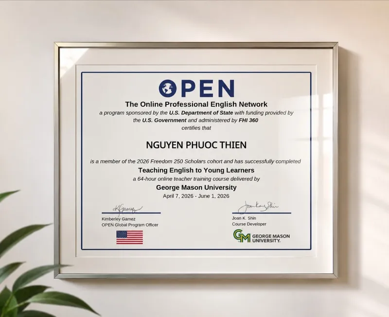 Chứng chỉ hoàn thành khóa đào tạo giảng dạy tiếng Anh của Nguyễn Phước Thiện tại George Mason University.
