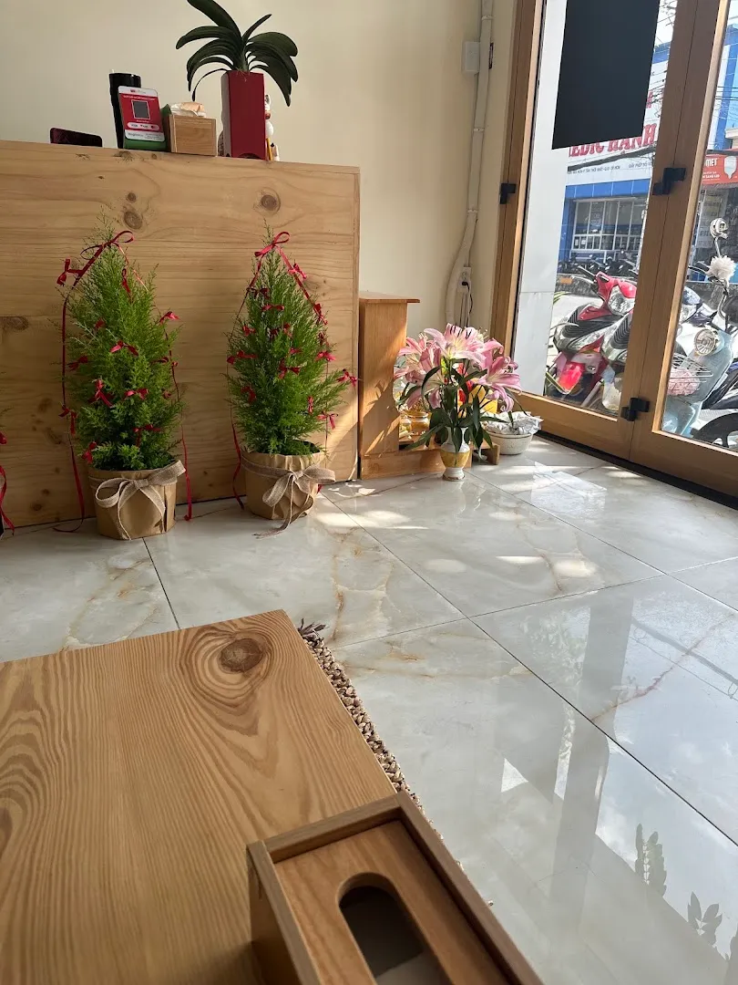Khu vực sảnh đón khách với quầy gỗ, cây cảnh và hoa trang trí.