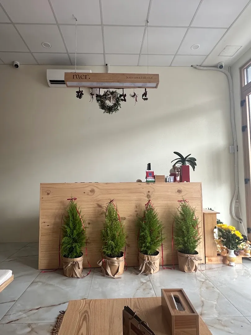 Quầy lễ tân bằng gỗ với cây xanh và bảng hiệu “mer.” trong không gian spa.