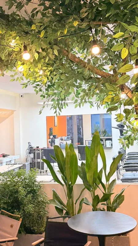 Không gian salon tóc với cây xanh, ghế làm tóc và khu vực gương.