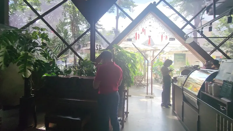 Không gian bên trong quán cà phê với nhiều cây xanh, khu ghế ngồi và quầy phục vụ.
