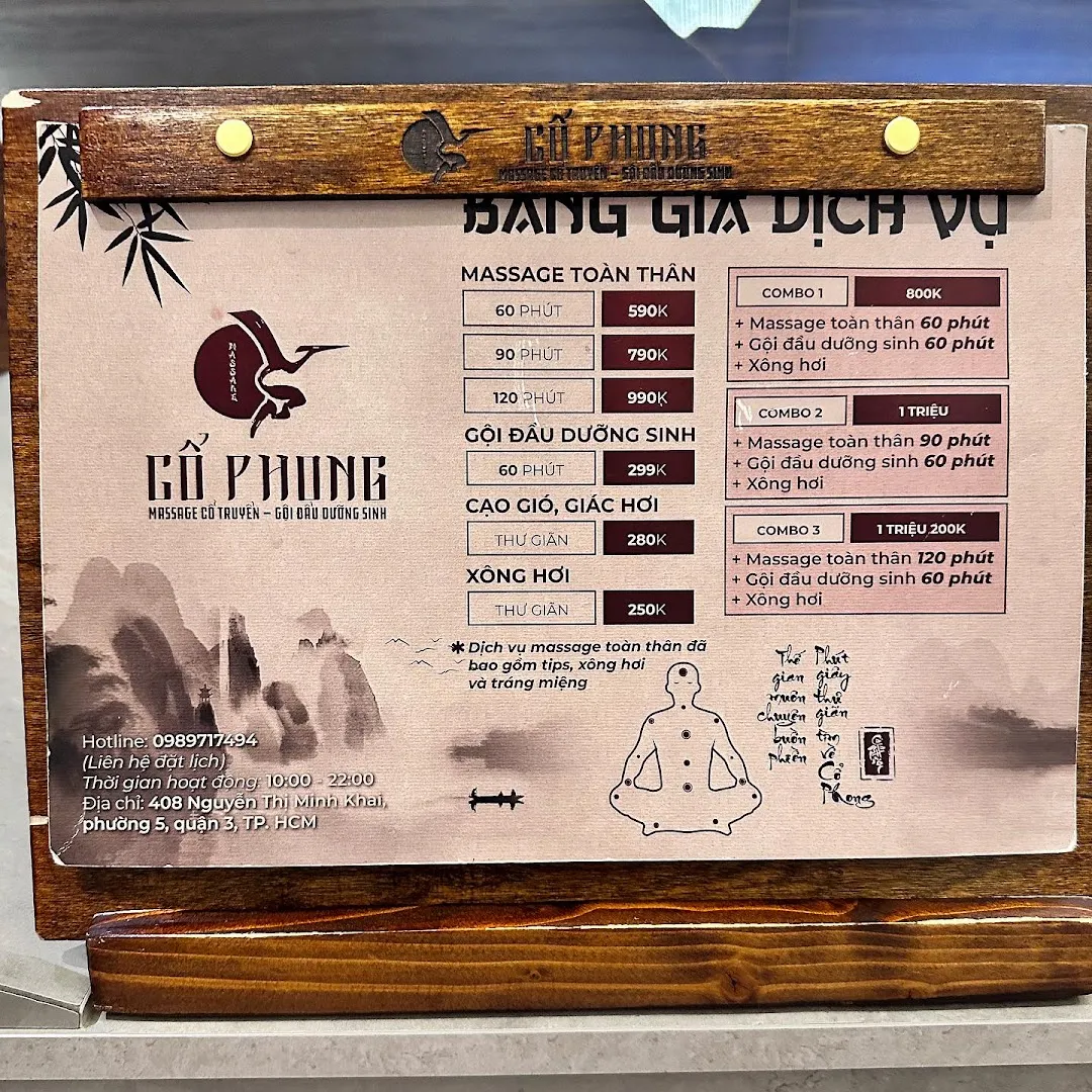 Bảng giá dịch vụ massage toàn thân, gội đầu dưỡng sinh, cạo gió giác hơi và xông hơi.