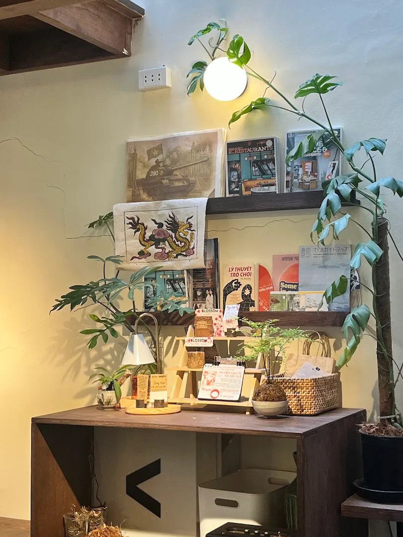 Góc trang trí trong quán với cây xanh, đèn treo, tranh ảnh và kệ trưng bày.